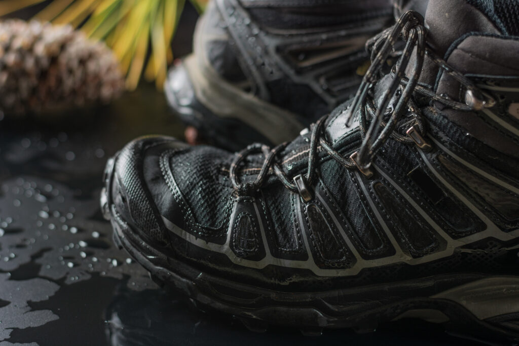 close up of sturdy, waterproof black hiking boots
