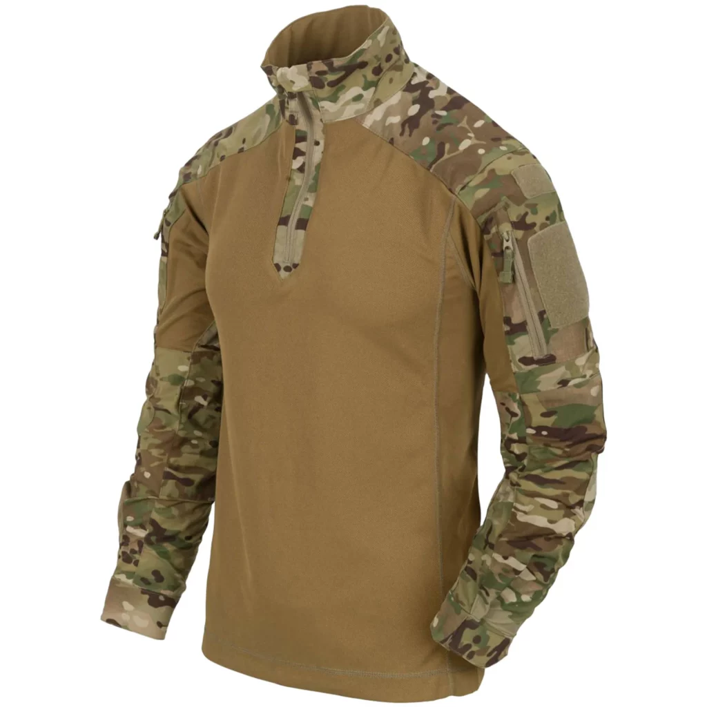 long sleeve mens military mid layer in a tan and camo colour
