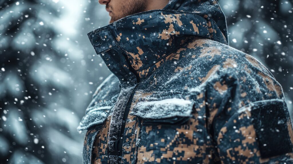 soldier in snow and a winter background wearing a camouflage military jacket