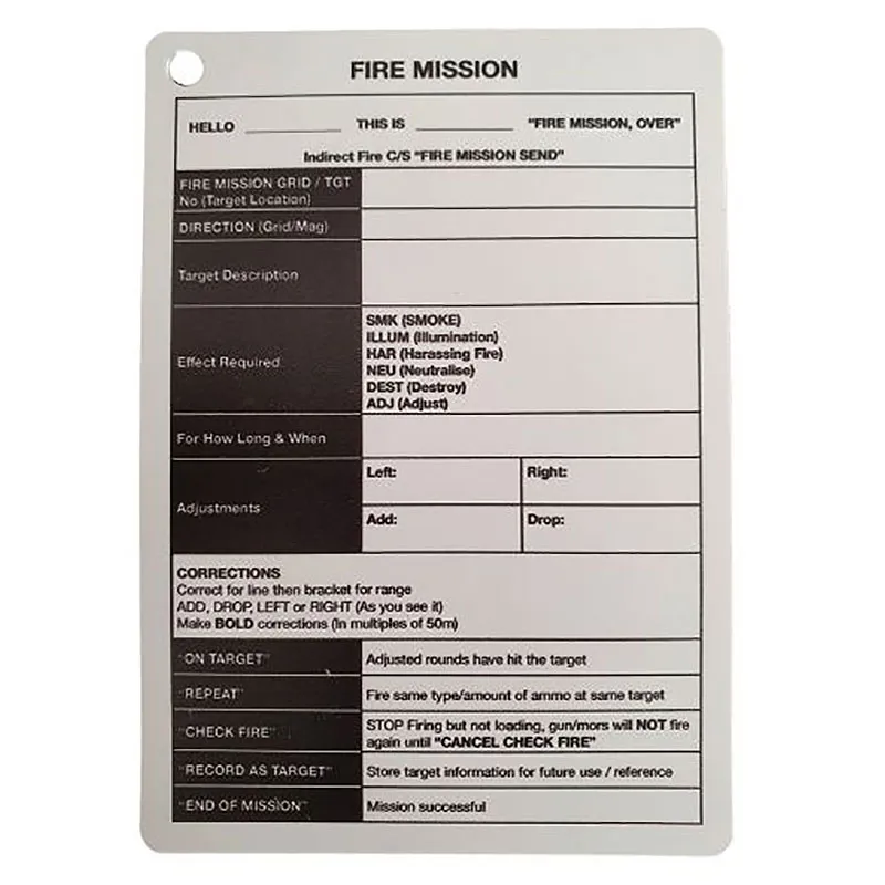A6 Fire Mission Slate Card